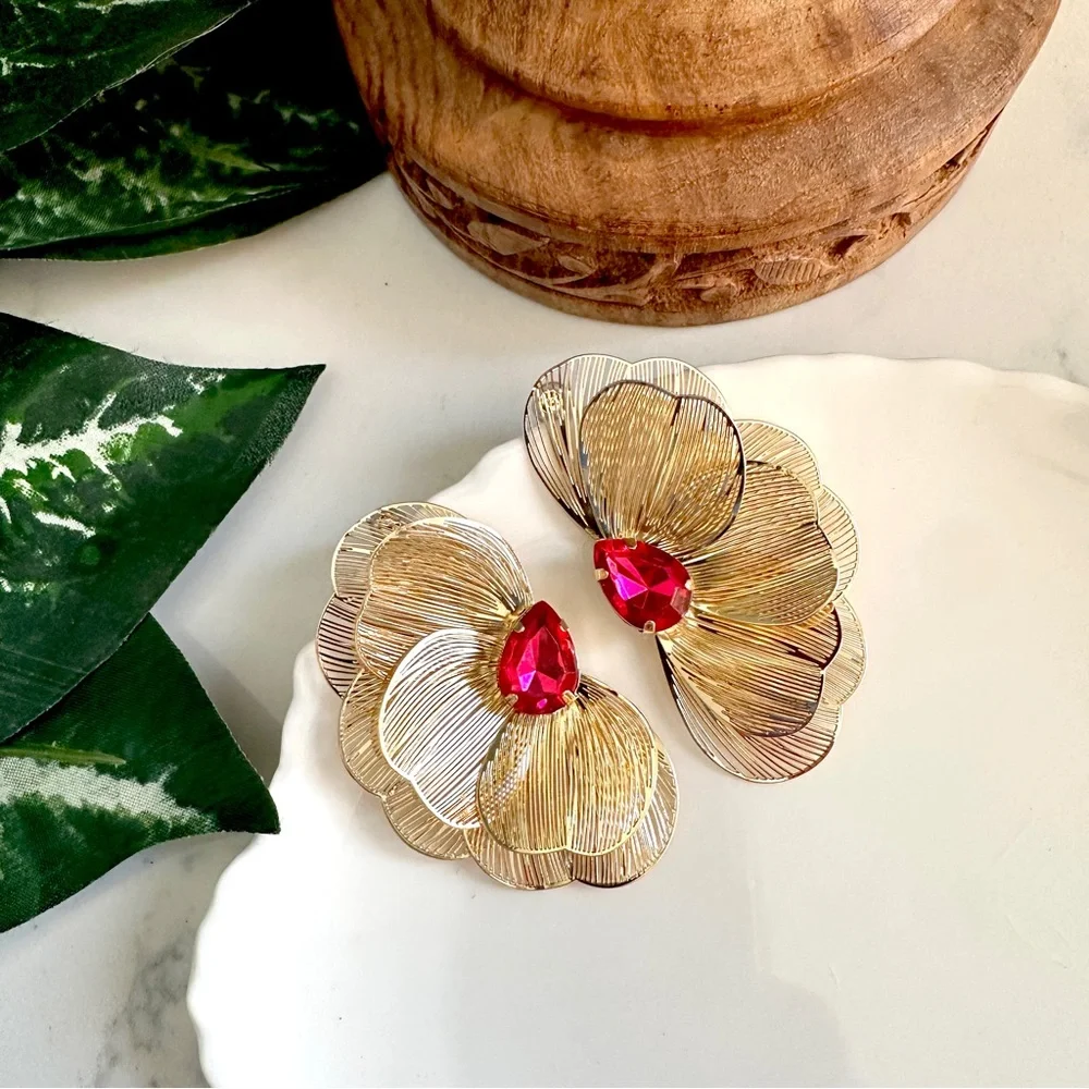 Gold Metal Flower Earrings Pink Stone Delicate Petals Jumbo Garden Jewelry NEW